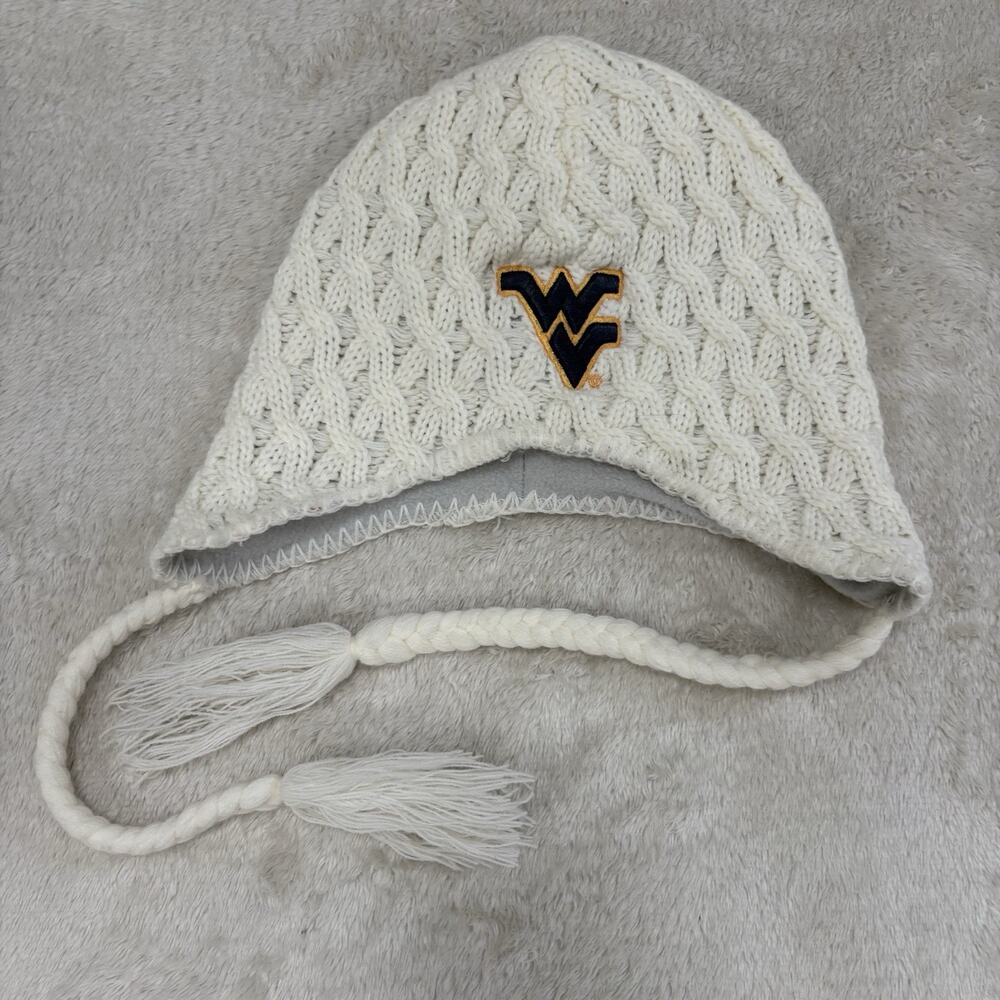 WVU West Virginia Mountaineers Adult Cable Knit Earflap Beanie Hat Tassels